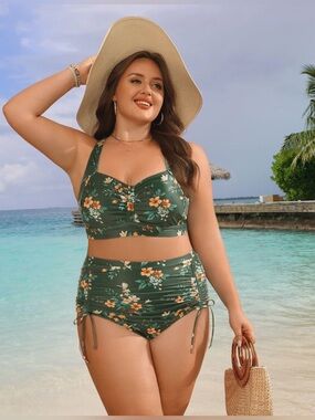 Davi Plus Size Green Floral High-Waist Bikini Set